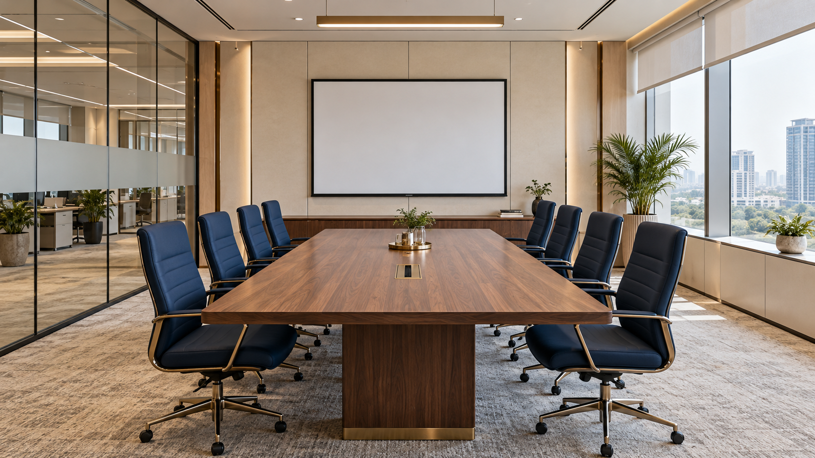 Boardroom concept with navy seating, walnut conference table and glass partitions