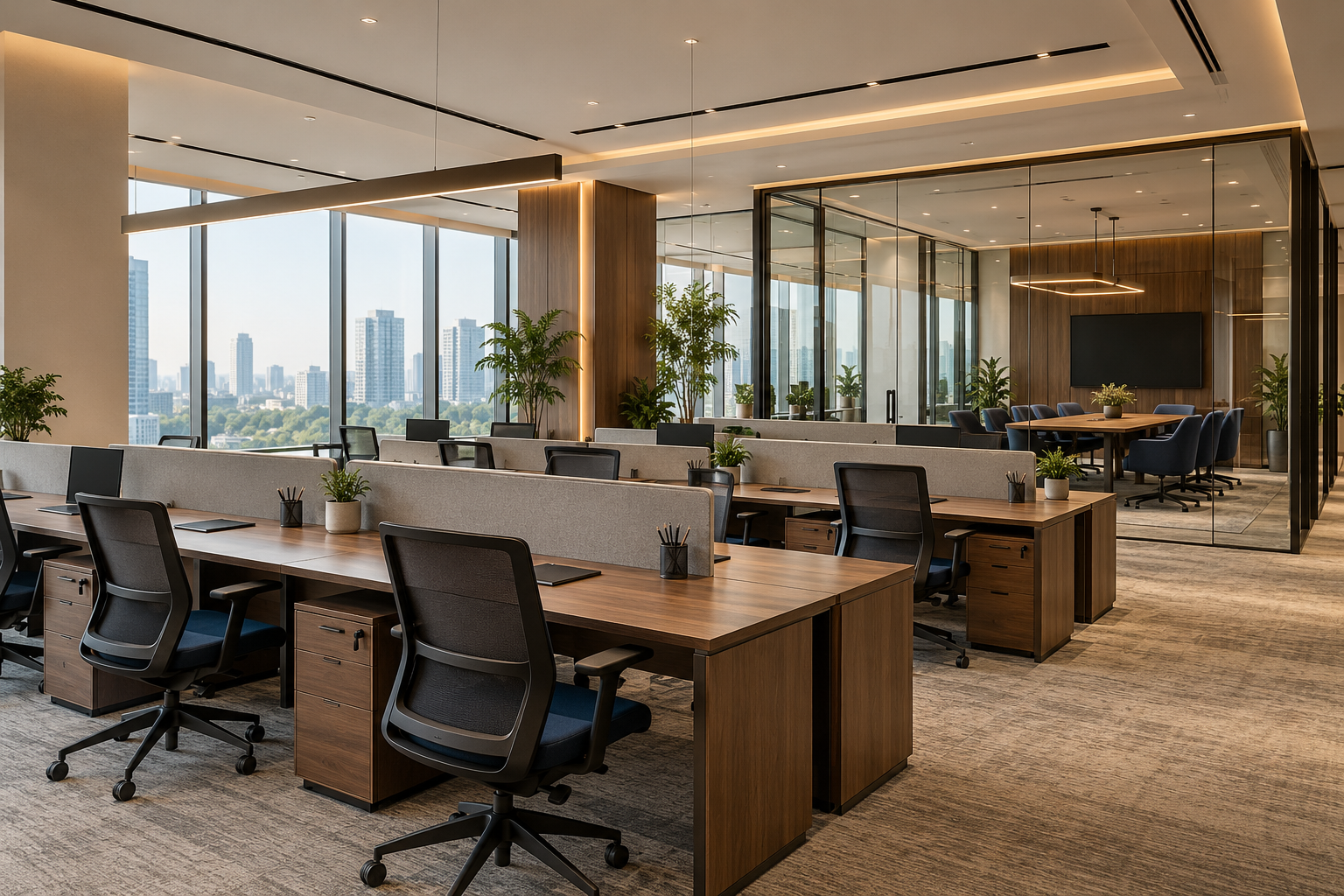 Open-plan office concept with walnut workstations and natural daylight